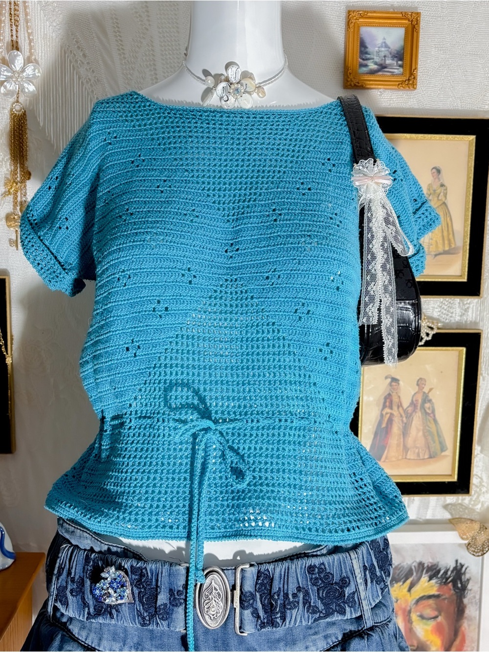 Vintage retro coastal girly hand crochet knit boatneck peplum tie waist blouse